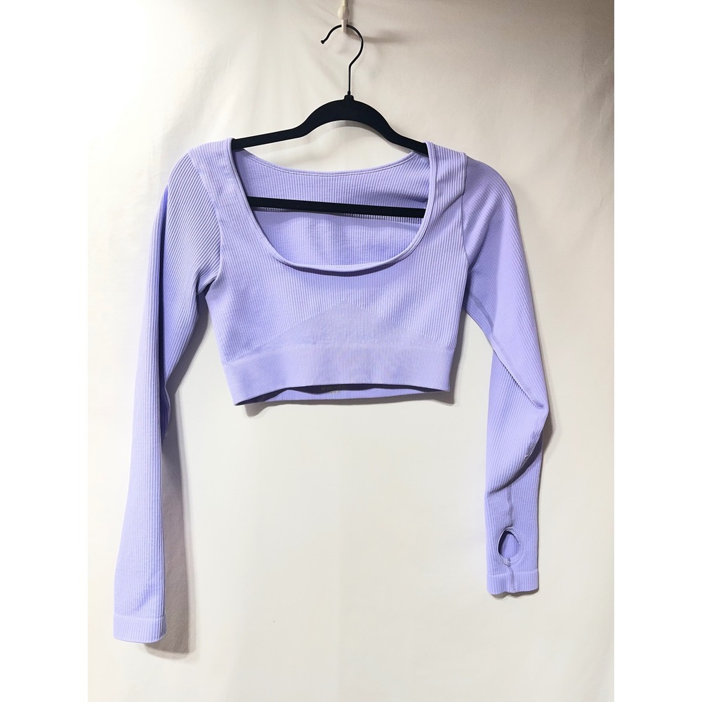 Lavender Ribbed Seamless Long Sleeve Crop Top Workout Gym Athletic Purple Medium